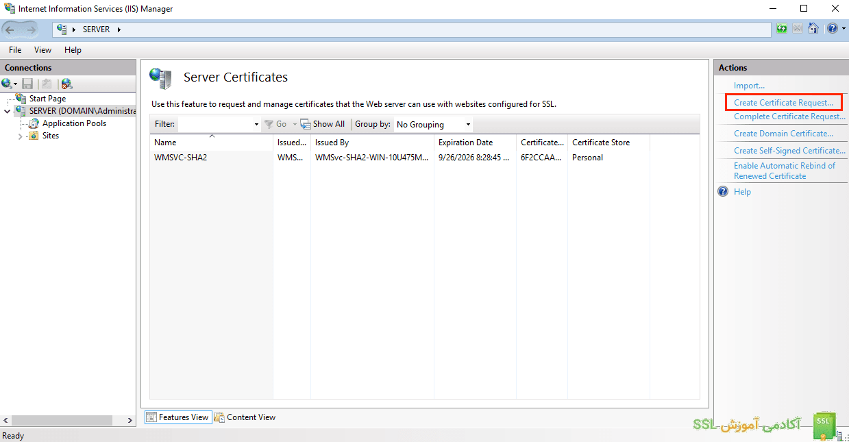 ساخت certificate request در iis و ویندوز سرور